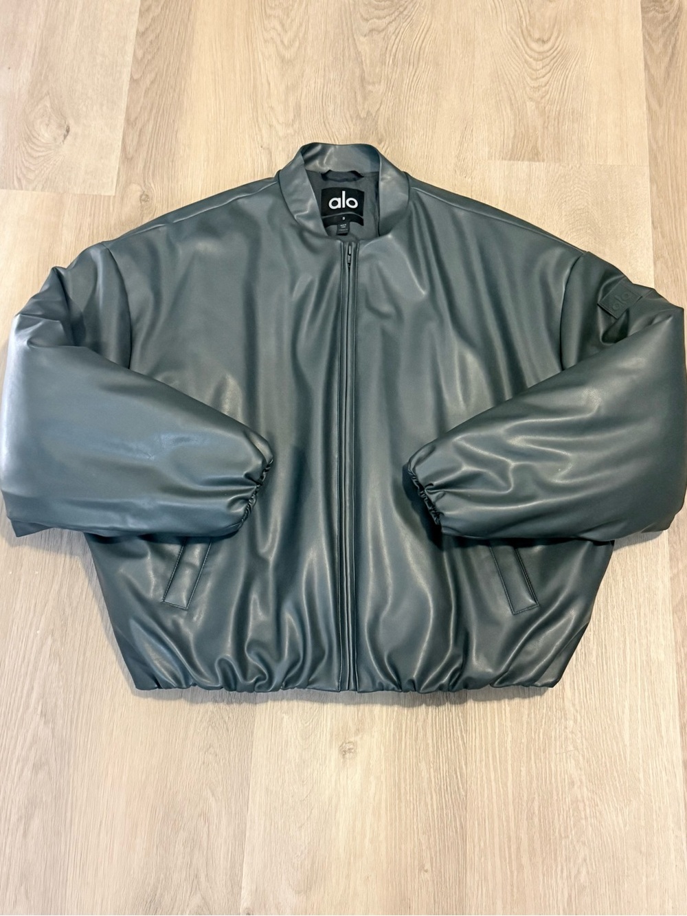 ALO Yoga Dark Green Faux-Leather Bomber Jacket